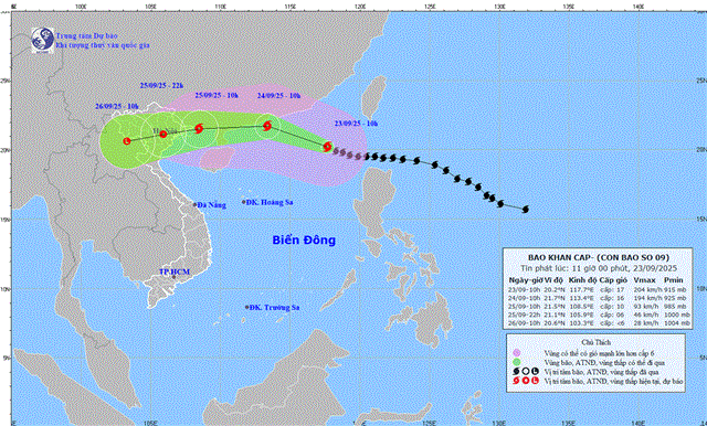 Tin bão khẩn cấp (Cơn bão số 9 - Tin phát lúc 11h00 ngày 23/09/2025)