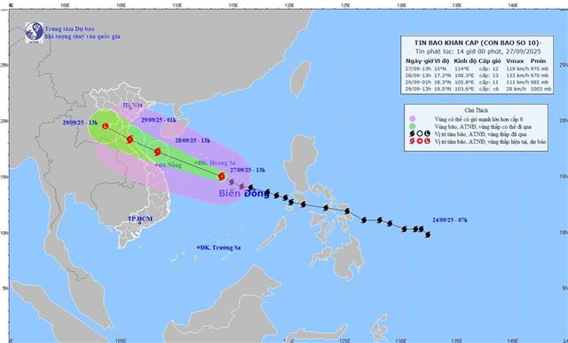 Tin bão khẩn cấp (Cơn bão số 10 - Tin phát lúc 14h00 ngày 27/09/2025)