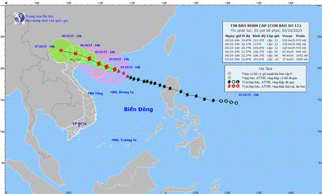 Tin bão khẩn cấp (Cơn bão số 11 - Tin phát lúc 05h00 ngày 05/10/2025)
