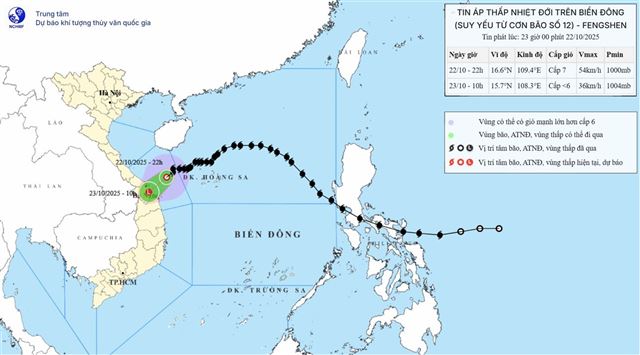 Tin áp thấp nhiệt đới trên biển đông (suy yếu từ Cơn bão số 12 - Tin phát lúc 23h00 ngày 22/10/2025)
