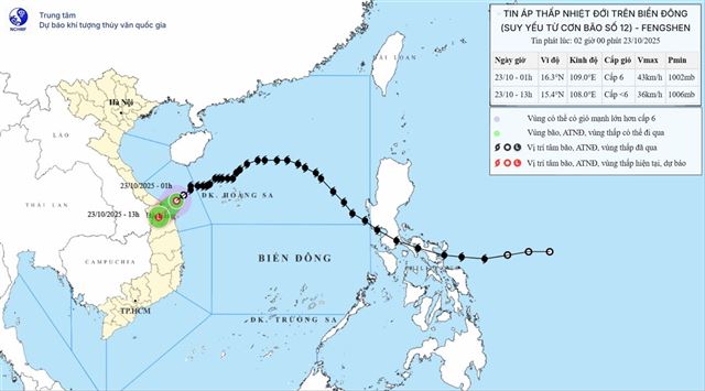 Tin áp thấp nhiệt đới trên biển đông (suy yếu từ Cơn bão số 12 - Tin phát lúc 02h00 ngày 23/10/2025)
