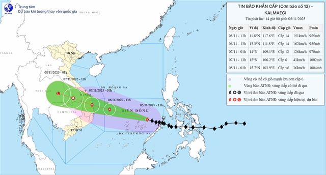 Tin bão khẩn cấp (Cơn bão số 13 - Tin phát lúc 14h00 ngày 05/11/2025)