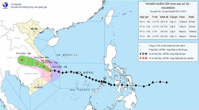 Tin bão khẩn cấp (Cơn bão số 13 - Tin phát lúc 20h00 ngày 06/11/2025)