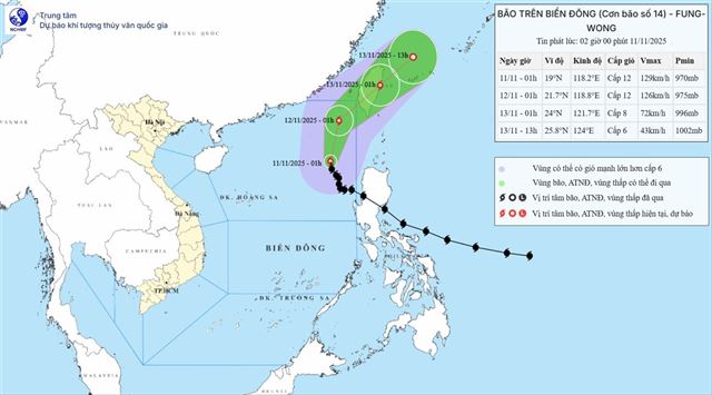 Tin bão trên biển Đông ( Cơn bão số 14 - Tin phát lúc 02h00 ngày 11/11/2025)