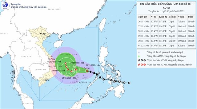 Tin bão trên biển Đông ( Cơn bão số 15 - Tin phát lúc 11h00 ngày 26/11/2025)