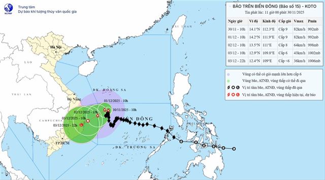 Tin bão trên biển Đông - Cơn bão số 15 (Tin phát lúc 11h00 ngày 30/11/2025)