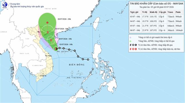 Tin bão khẩn cấp (Cơn bão số 01) (Tin phát lúc 05h00 ngày 03/07/2026)