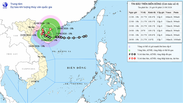 Tin bão trên biển Đông (Cơn bão số 4) (Tin phát lúc 20h00 ngày 21/08/2026)