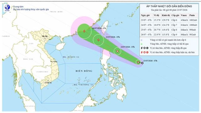 Tin áp thấp nhiệt đới gần biển Đông (Tin phát lúc 08h00 ngày 23/07/2026)