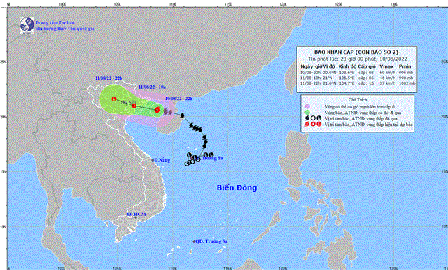 Tin bão khẩn cấp (Cơn bão số 2) (Tin phát lúc 23h00 ngày 10/8/2022)