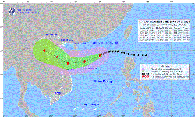 Tin bão trên Biển Đông (Cơn bão số 6) (Tin phát lúc 23h00 ngày 17/10/2022)