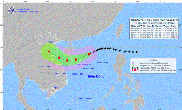 Tin bão trên Biển Đông (Cơn bão số 6) (Tin phát lúc 05h00 ngày 18/10/2022)