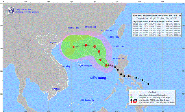 Tin bão trên Biển Đông (Cơn bão số 7) (Tin phát lúc 17h00 ngày 30/10/2022)