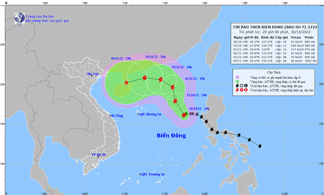 Tin bão trên Biển Đông (Cơn bão số 7) (Tin phát lúc 20h00 ngày 30/10/2022)