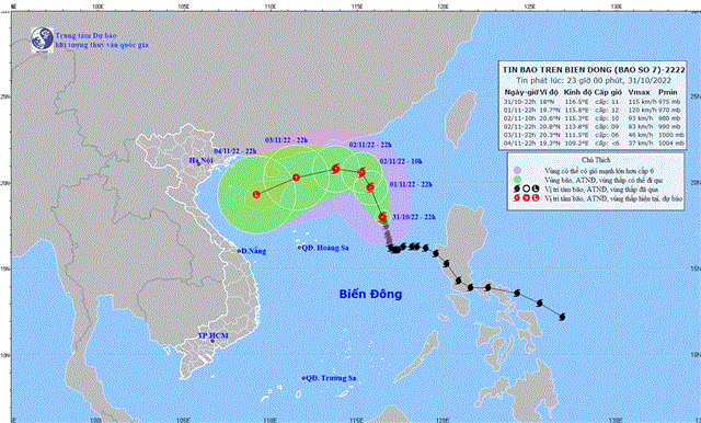 Tin bão trên Biển Đông (Cơn bão số 7) (Tin phát lúc 23h00 ngày 31/10/2022)