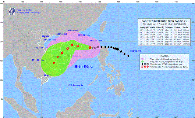 Tin bão trên biển Đông - Cơn bão số 07 (Tin phát lúc 17h00 ngày 08/11/2024)