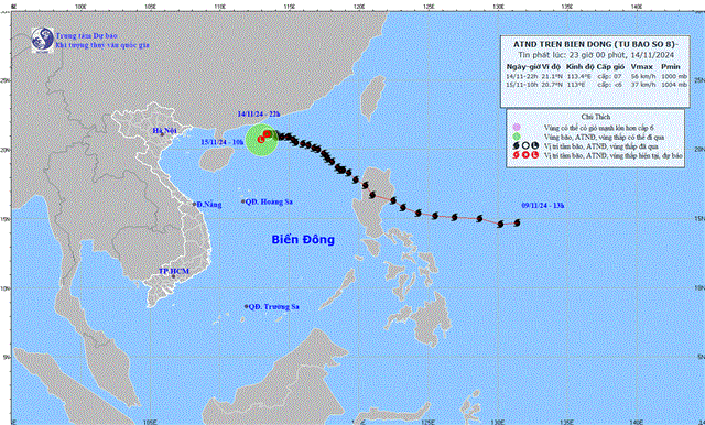 Tin áp thấp nhiệt đới trên biển Đông - Suy yếu từ cơn bão số 08 (Tin phát lúc 23h00 ngày 14/11/2024)