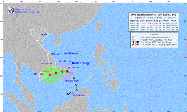 Tin bão trên biển Đông - Cơn bão số 10 (Tin phát lúc 20h00 ngày 23/12/2024)