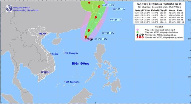 Tin bão trên biển Đông - Cơn bão số 2 (Tin phát lúc 14h00 ngày 05/07/2025)