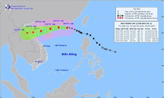 Tin bão khẩn cấp - Cơn bão số 3 (Tin phát lúc 05h00 ngày 20/07/2025)