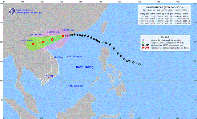 Tin bão khẩn cấp - Cơn bão số 3 (Tin phát lúc 05h00 ngày 21/07/2025) 