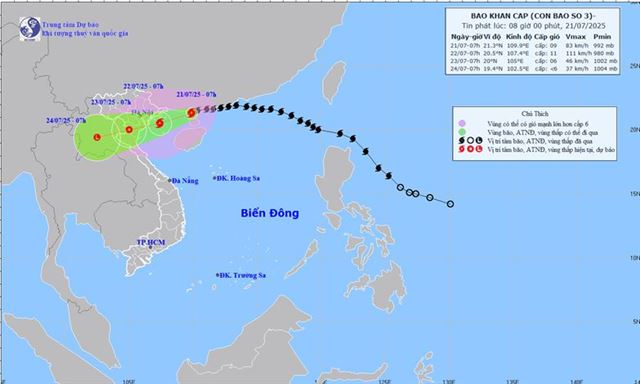 Tin bão khẩn cấp - Cơn bão số 3 (Tin phát lúc 08h00 ngày 21/07/2025)