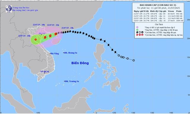 Tin bão khẩn cấp - Cơn bão số 3 (Tin phát lúc 11h00 ngày 21/07/2025)