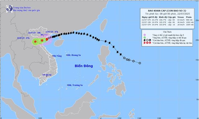 Tin bão khẩn cấp - Cơn bão số 3 (Tin phát lúc 08h00 ngày 22/07/2025)