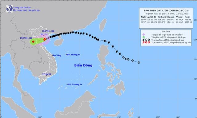 Tin bão trên đất liền - Cơn bão số 3 (Tin phát lúc 11h15 ngày 22/07/2025)