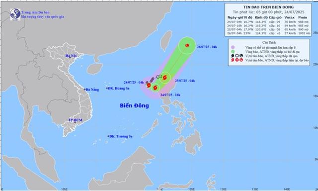 Tin bão trên biển Đông - Cơn bão số 4 (Tin phát lúc 05h00 ngày 24/07/2025)