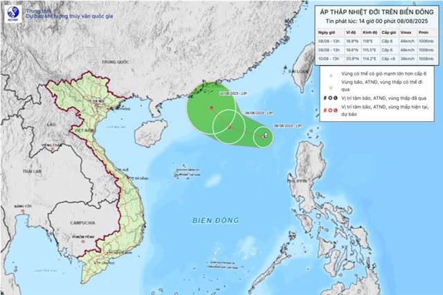 Tin áp thấp nhiệt đới trên biển Đông (Tin phát lúc 14h00 ngày 08/08/2025)