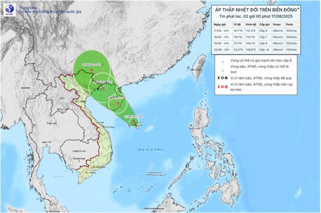 Tin áp thấp nhiệt đới trên biển Đông (Tin phát lúc 02h00 ngày 17/08/2025)