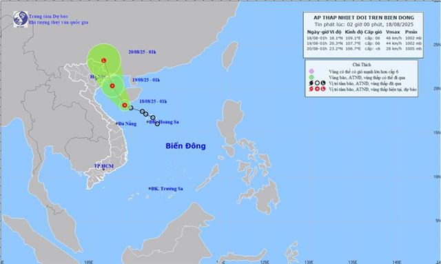 Tin áp thấp nhiệt đới trên biển Đông (Tin phát lúc 02h00 ngày 18/08/2025)