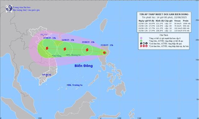 Tin áp thấp nhiệt đới gần biển Đông (Tin phát lúc 14h00 ngày 22/08/2025)