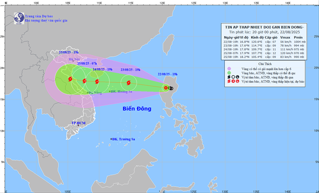 Tin áp thấp nhiệt đới gần biển Đông (Tin phát lúc 20h00 ngày 22/08/2025)