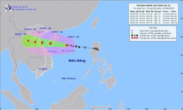Tin bão khẩn cấp - Cơn bão số 5 (Tin phát lúc 23h00 ngày 23/08/2025)