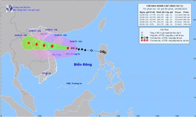 Tin bão khẩn cấp - Cơn bão số 5 (Tin phát lúc 02h00 ngày 24/08/2025)