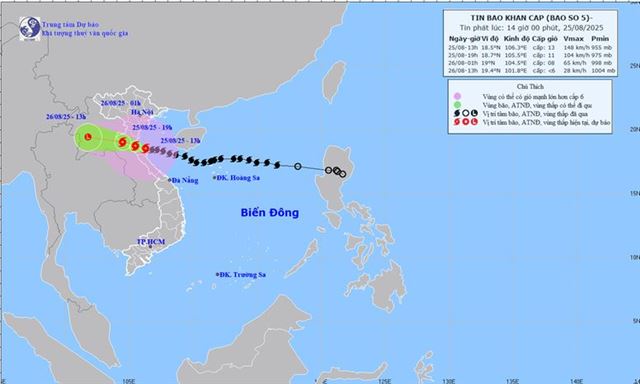 Tin bão khẩn cấp - Cơn bão số 5 (Tin phát lúc 14h00 ngày 25/08/2025)