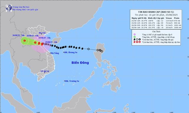 Tin bão khẩn cấp - Cơn bão số 5 (Tin phát lúc 16h30 ngày 25/08/2025)