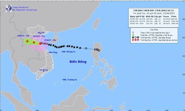 Tin bão trên đất liền - Cơn bão số 5 (Tin phát lúc 20h00 ngày 25/08/2025)