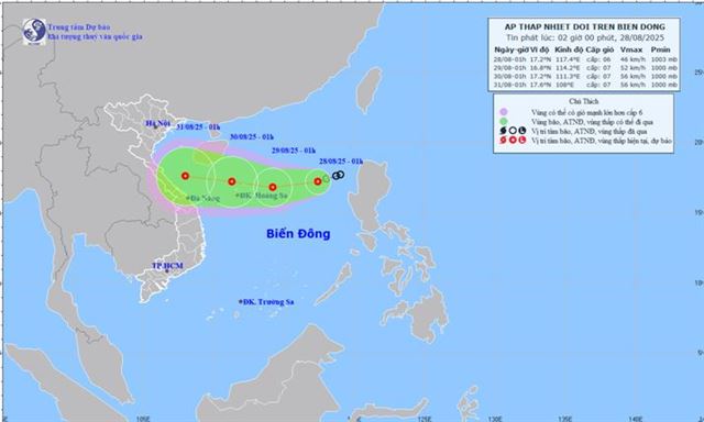 Tin áp thấp nhiệt đới trên biển Đông (Tin phát lúc 02h00 ngày 28/08/2025)