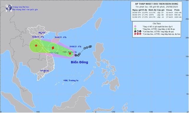 Tin áp thấp nhiệt đới trên biển Đông (Tin phát lúc 08h00 ngày 29/08/2025)