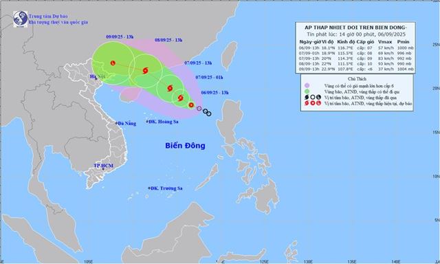Tin áp thấp nhiệt đới trên biển Đông (Tin phát lúc 14h00 ngày 06/09/2025)
