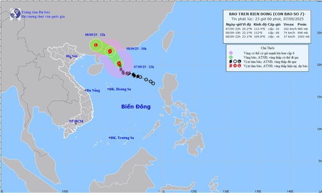 Tin bão trên biển đông - Cơn bão số 07 (Tin phát lúc 23h00 ngày 07/09/2025)