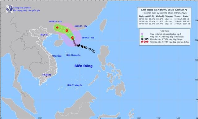 Tin bão trên biển đông - Cơn bão số 07 (Tin phát lúc 02h00 ngày 08/09/2025)