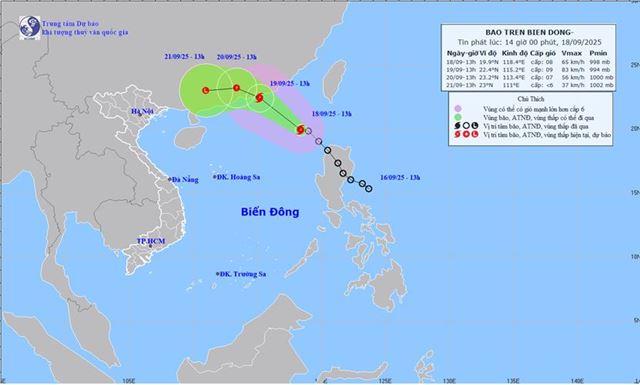 Tin bão trên biển đông - Cơn bão số 8 (Tin phát lúc 14h00 ngày 18/09/2025)
