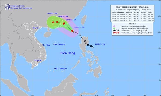 Tin bão trên biển đông - Cơn bão số 8 (Tin phát lúc 20h00 ngày 18/09/2025)