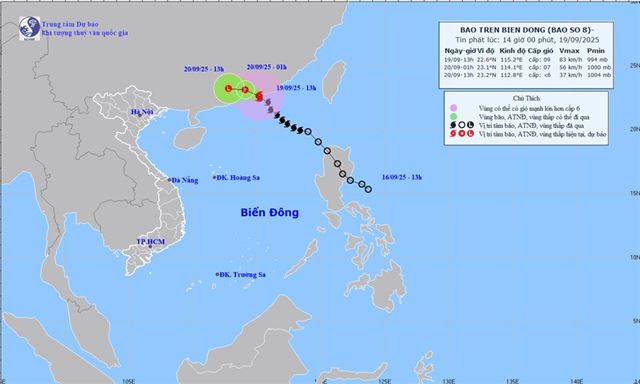 Tin bão trên biển đông - Cơn bão số 8 (Tin phát lúc 14h00 ngày 19/09/2025)
