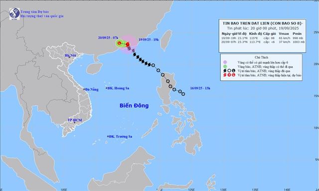 Tin bão trên đất liền - Cơn bão số 8 (Tin phát lúc 20h00 ngày 19/09/2025)