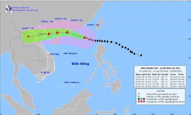 Tin bão khẩn cấp - Cơn bão số 9 (Tin phát lúc 14h00 ngày 23/9/2025)